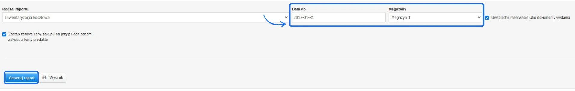 Ustawienia raportu „Inwentaryzacja kosztowa” z wybraną datą, magazynem Magazyn 1 i zaznaczoną opcją rezerwacji.