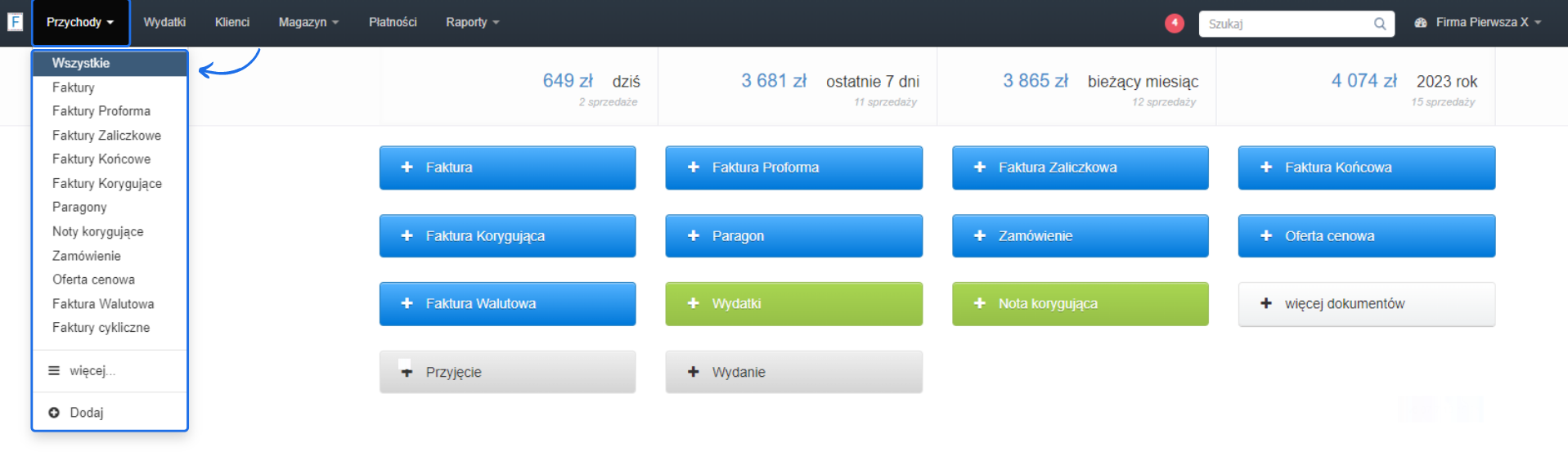 Interfejs użytkownika z menu zarządzania fakturami, wyświetlającym opcje dla różnych rodzajów faktur i podsumowanie finansowe.