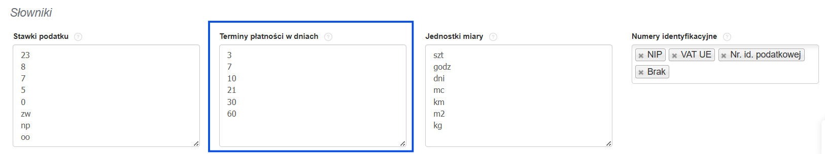 Ustawienia konta z opcją dodania własnych terminów płatności.