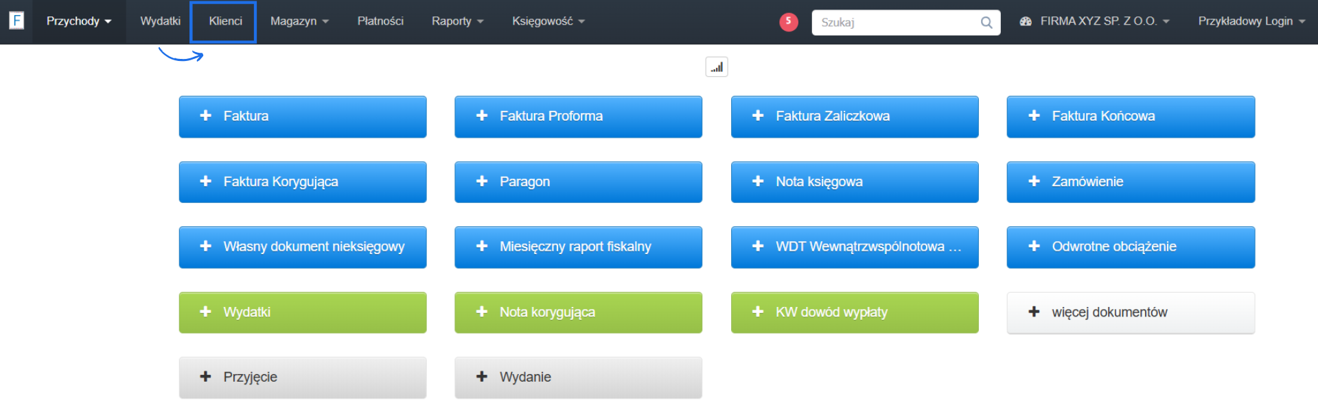Strona główna systemu do fakturowania online z dedykowanymi przyciskami do wystawienia dokumentów oraz aktywną zakładką klienci.