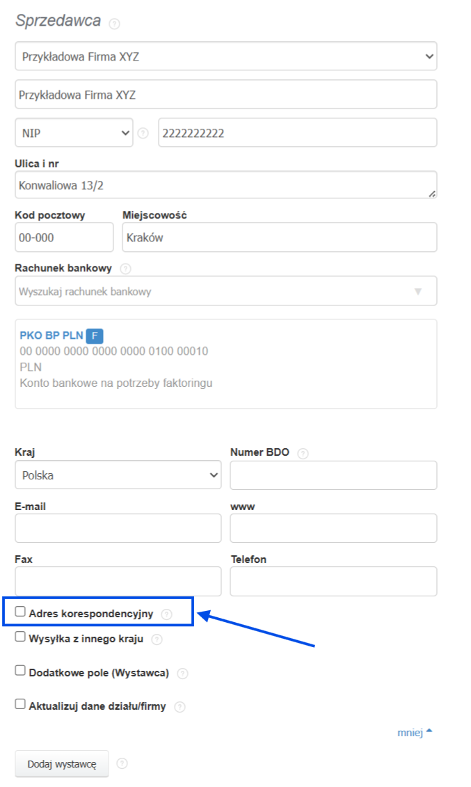 Formularz edycji danych sprzedawcy z odznaczonym checkboxem dodania adresu korespondencyjnego do faktury.