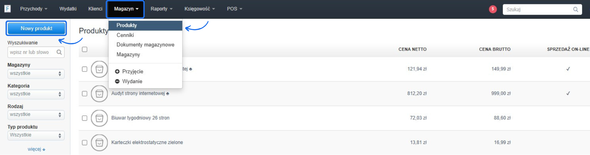 Widok zakładki „Magazyn” w Fakturowni z rozwiniętym menu i zaznaczoną opcją „Produkty”. Po lewej stronie wyróżniony przycisk „Nowy produkt”, który umożliwia dodanie nowego towaru z kodem EAN do bazy.