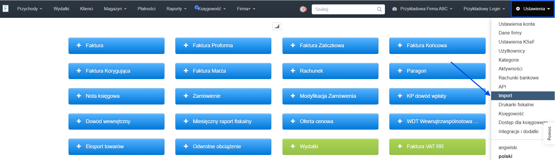 Zakładka Ustawienia Import w Fakturowni z listą dostępnych typów importu.