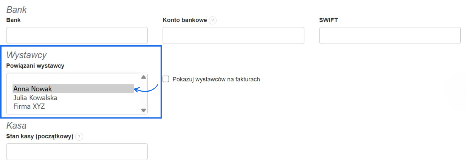 Sekcja wystawca z dostępną listą powiązanych wystawców i możliwością przypisania wystawcy do działu poprzez zaznaczenie wybranej opcji.