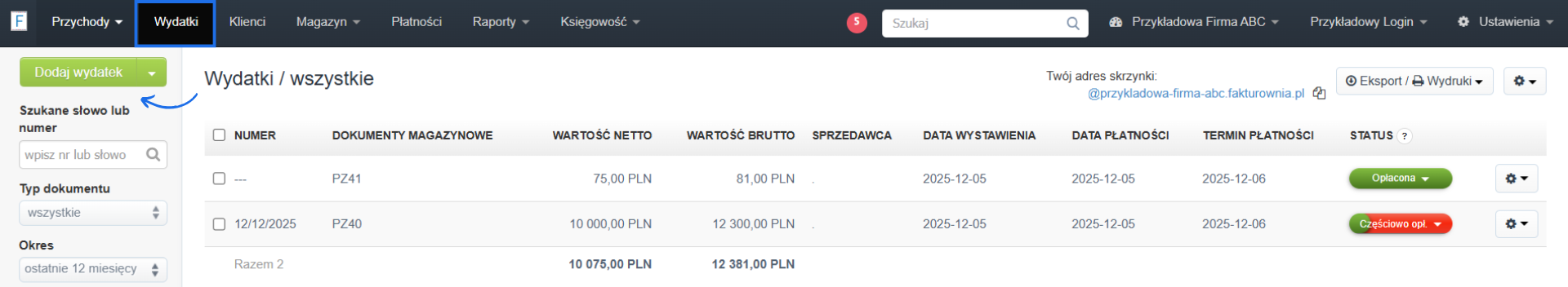 Lista faktur kosztowych w systemie Fakturownia z przyciskiem Dodaj nowy wydatek.