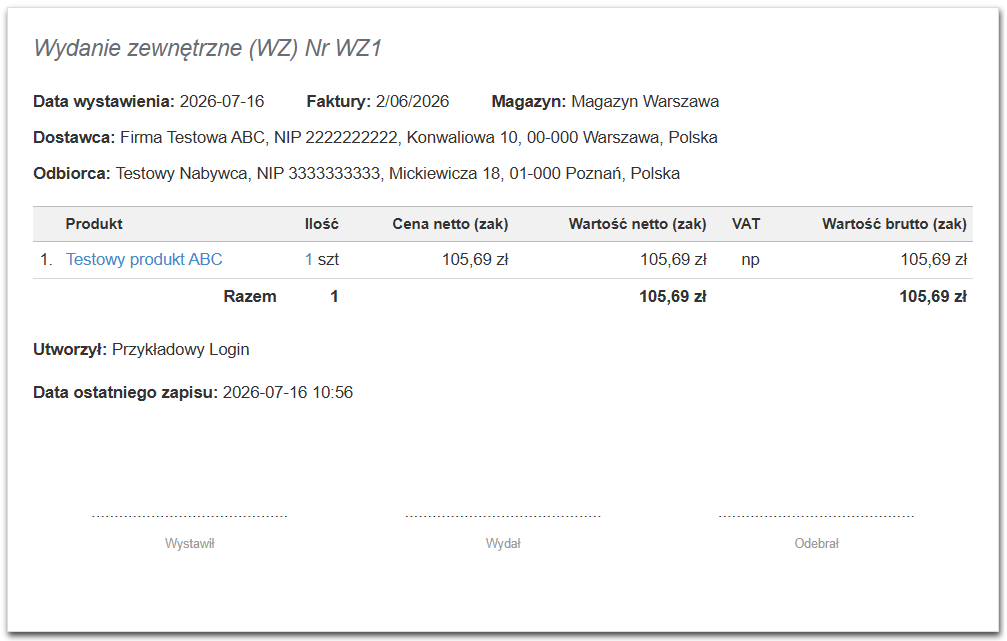 Przykładowy dokument WZ (wydanie zewnętrzne) dla testowego nabywcy i produktu.