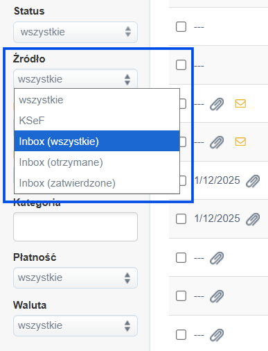 Filtry na liście faktur kosztowych w systemie Fakturownia z listą wyboru dla filtru Źródło.