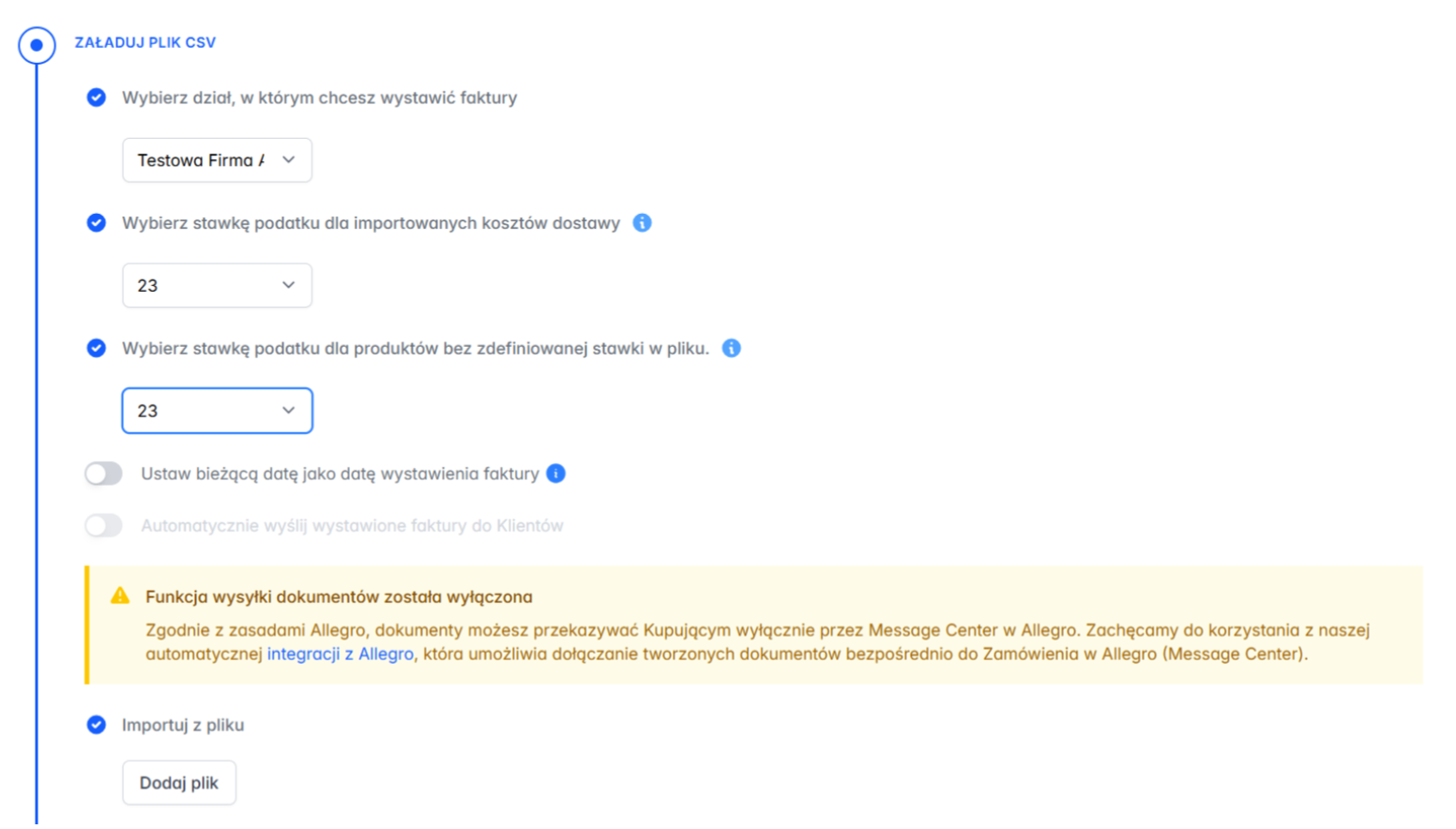 Interfejs importu faktur z pliku CSV, z wyborem działu, stawek podatku VAT dla dostawy i produktów oraz opcją dodania pliku do importu.