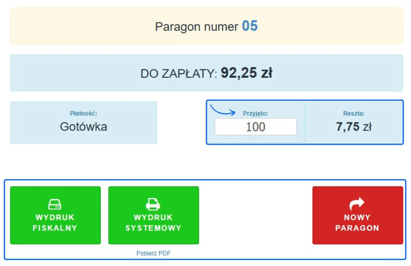 Ekran POS – zakończenie transakcji z potwierdzeniem płatności i opcją wydruku paragonu.
