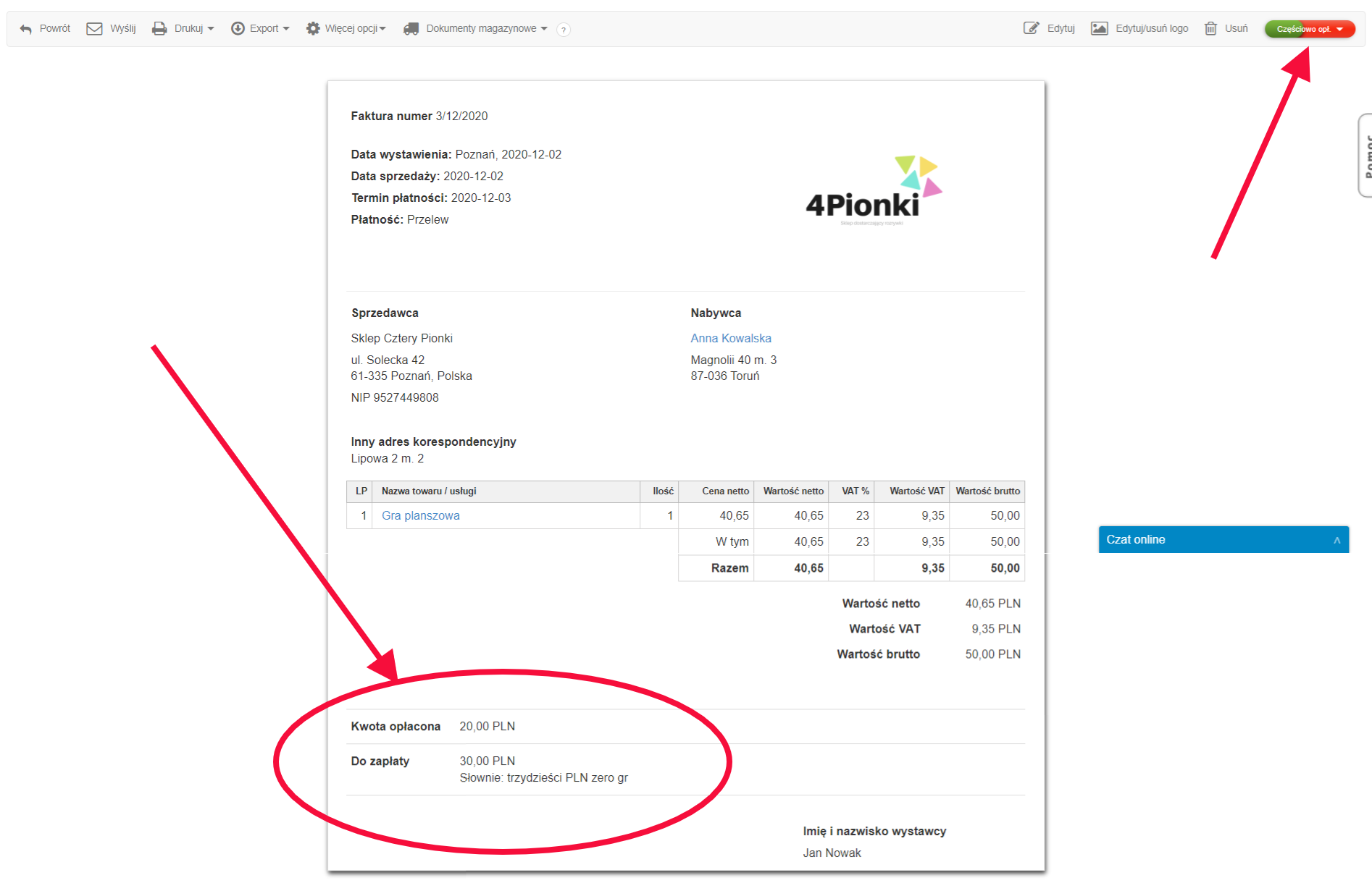 faktura cz%C4%99%C5%9Bciowo op%C5%82acona