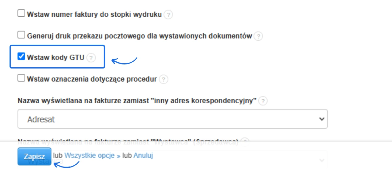 Opcja konfiguracji ustawień wydruku w systemie Fakturownia, umożliwiająca wstawienie kodów GTU na dokumentach księgowych.
