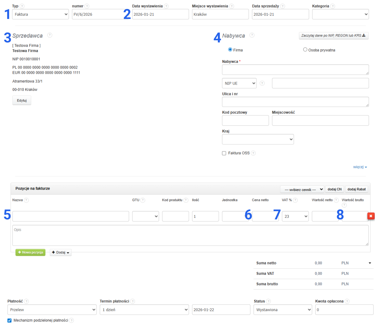 Formularz tworzenia faktury walutowej w systemie Fakturownia z oznaczonymi wymaganymi informacjami jak sprzedawca, nabywca, numer dokumentu czy wartość brutto.