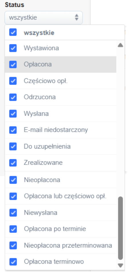 Panel do filtrowania listy faktur z możliwością filtrowania po statusie przypisanym do faktury np. wystawiona, wysłana, opłacona.