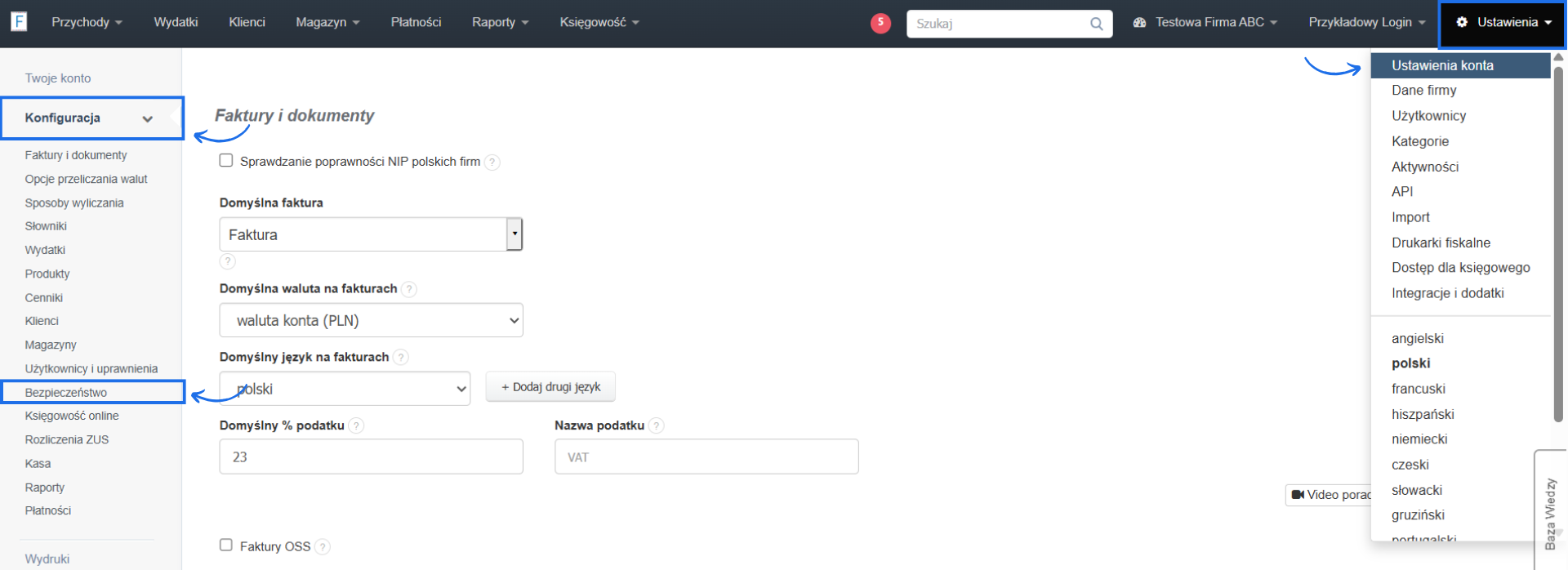 Ustawienia konta w systemie do fakturowania online z aktywną zakładką ustawienia konta i sekcją bezpieczeństwa.
