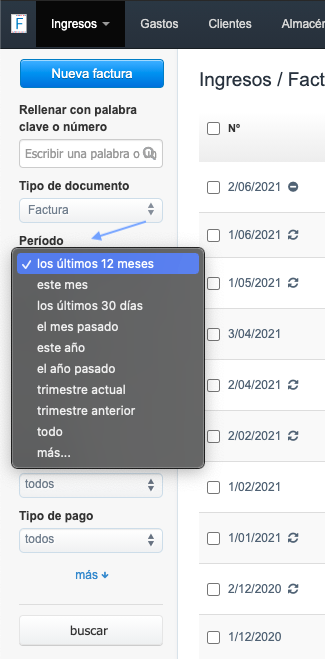 filtro de facturas periodo