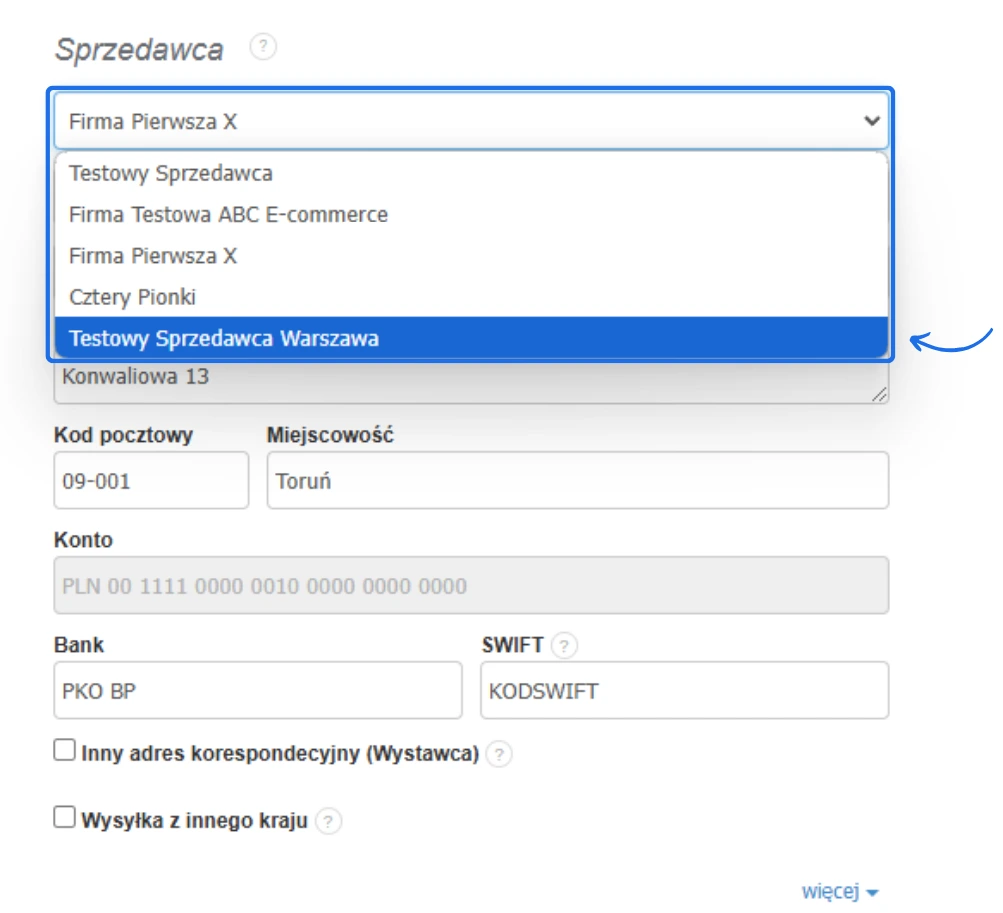 Formularz zmiany sprzedawcy z rozwijanym menu wyboru firm, w tym Testowy Sprzedawca Warszawa, oraz polami dla danych adresowych i bankowych.