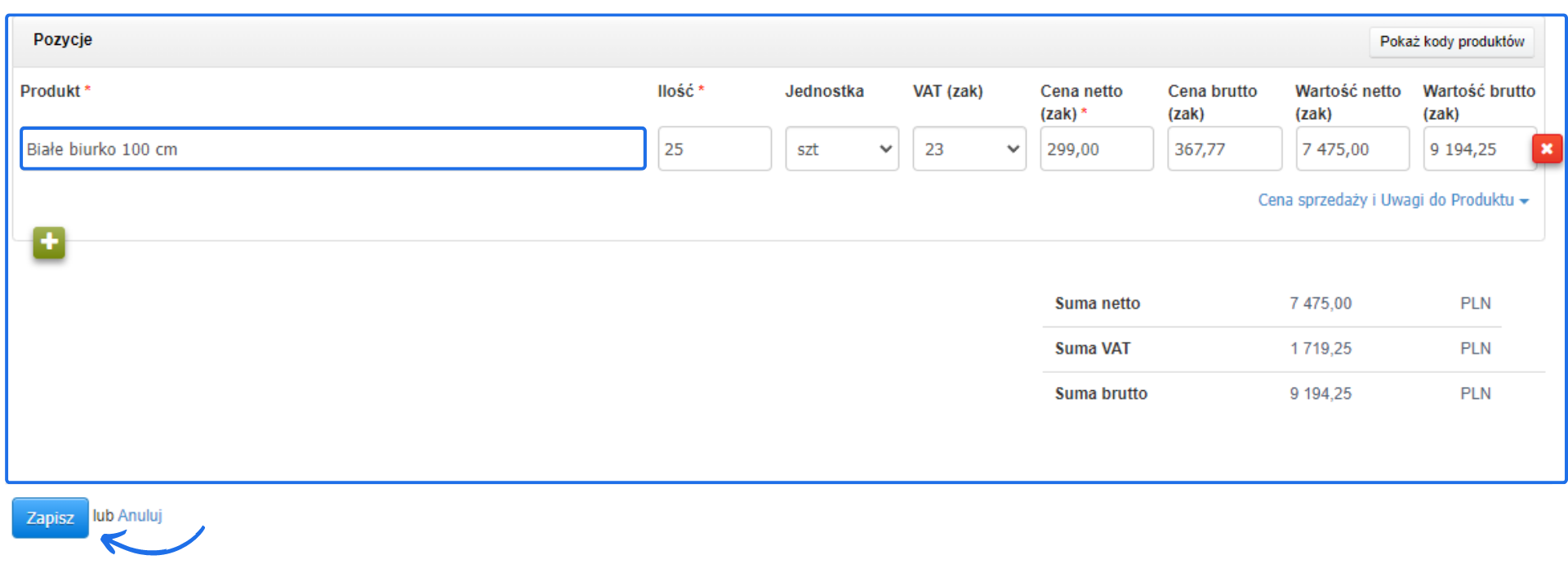 Formularz dodawania pozycji do dokumentu magazynowego 'Przyjęcie wewnętrzne (PW)'. Produkt 'Białe biurko 100 cm', ilość 25 szt., cena netto 299 zł.