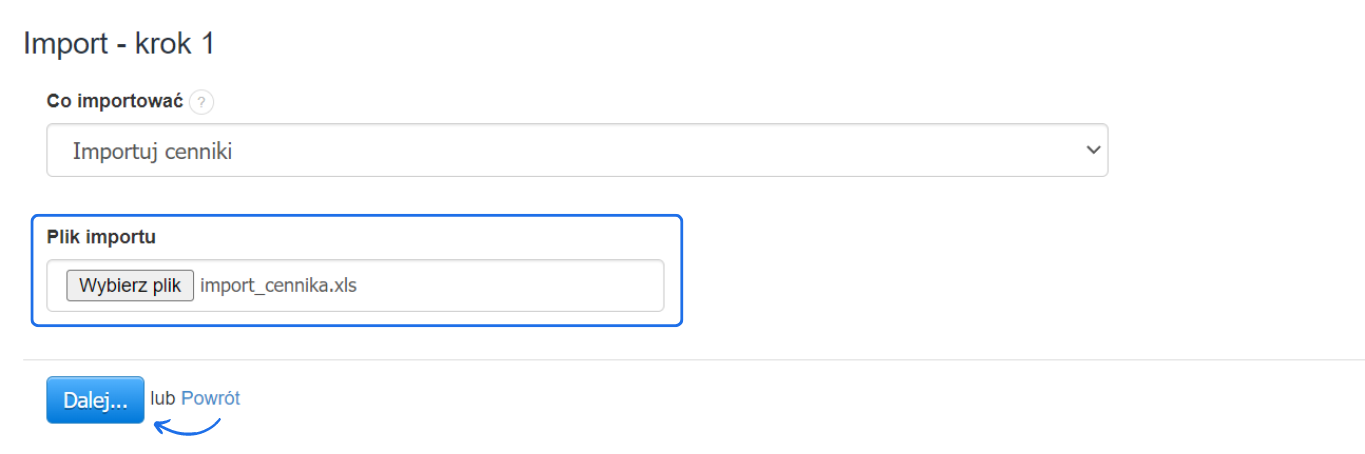 Import cenników - krok 1: Wybór pliku import_cennika.xls do zaimportowania cenników w systemie fakturowania.