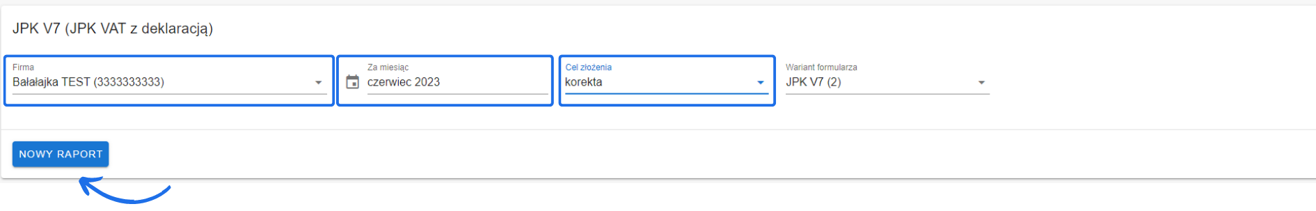 Formularz generowania JPK V7 z deklaracją dla firmy Balalajka TEST, za czerwiec 2023, z celem złożenia 'korekta' i przyciskiem 'NOWY RAPORT'.