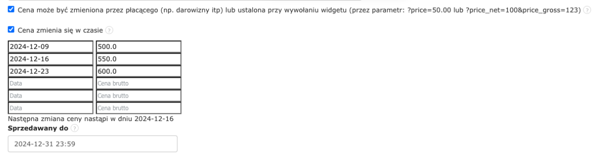 Konfiguracja ceny produktu z opcją zmiany przez płacącego, harmonogramem zmieniających się cen oraz datą końca sprzedaży produktu.