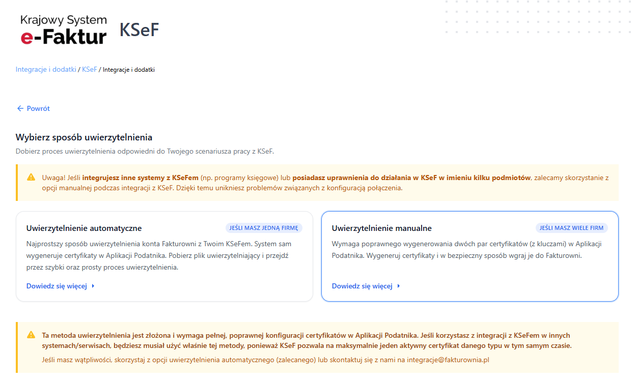 Wybór sposobu autoryzacji konta KSeF w Fakturowni: automatyczna (zalecana) lub manualna (zaawansowana).