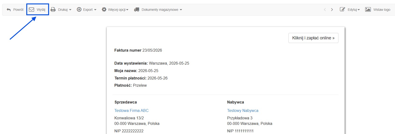 Opcje wysyłki, wydruku i eksportu dostępne w podglądzie faktury wystawionej w systemie Fakturownia.