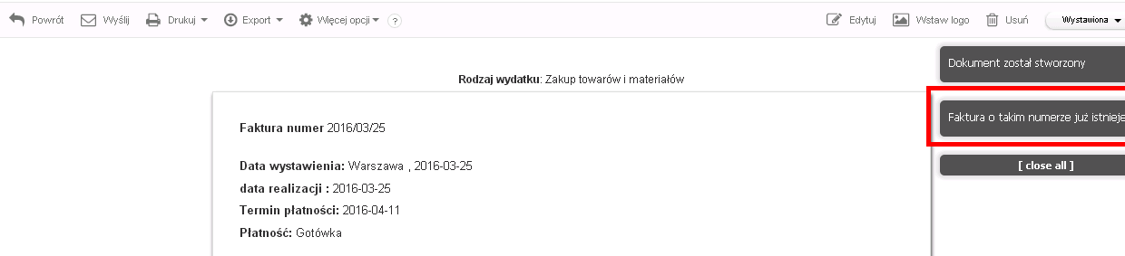 chwilowy komunikat wydatki