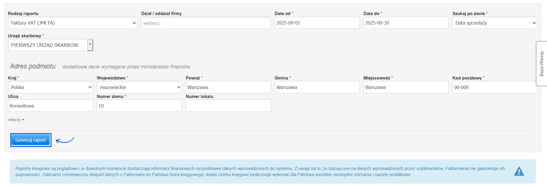 Formularz generowania raportu JPK_FA z możliwością wybrania firmy praz zakresu dat, a także podania danych adresowych wymaganych przez ministerstwo.