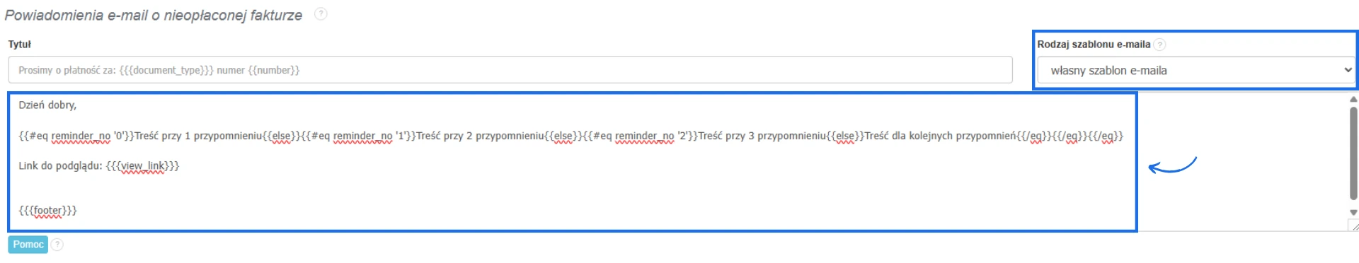 Ustawienia systemu do fakturowania z możliwością samodzielnej konfiguracji treści wiadomości wysyłanej jako przypomnienie o płatności za fakturę.
