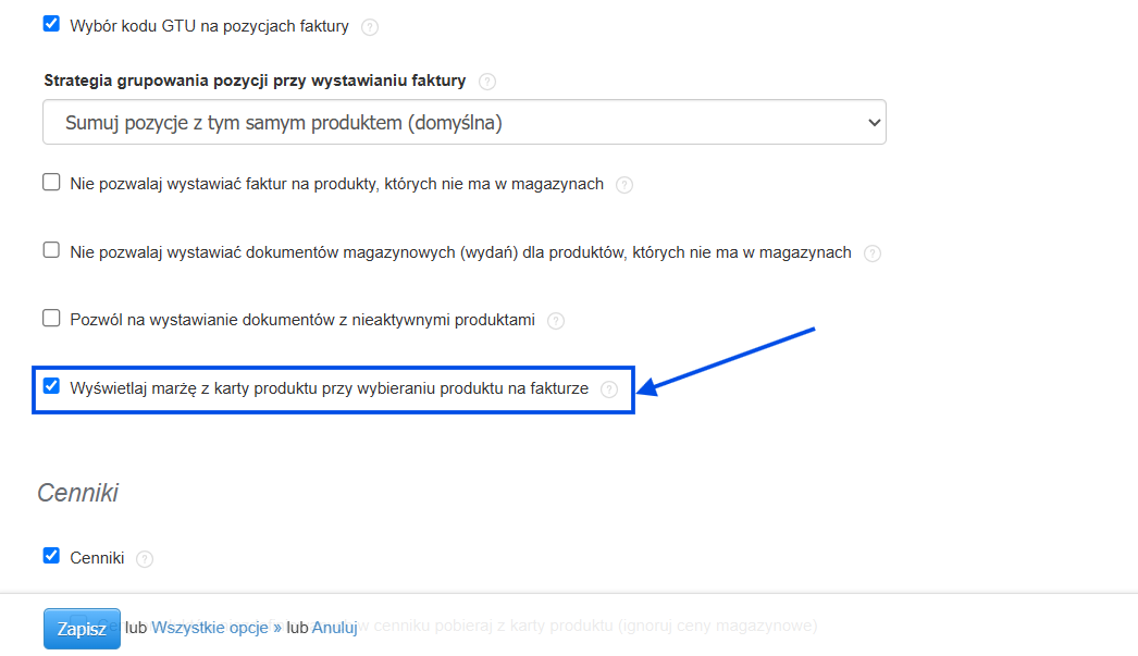 Szczegółowe ustawienia produktów w systemie Fakturownia z aktywną opcją podpowiadania marży przy wyborze towaru na fakturze.