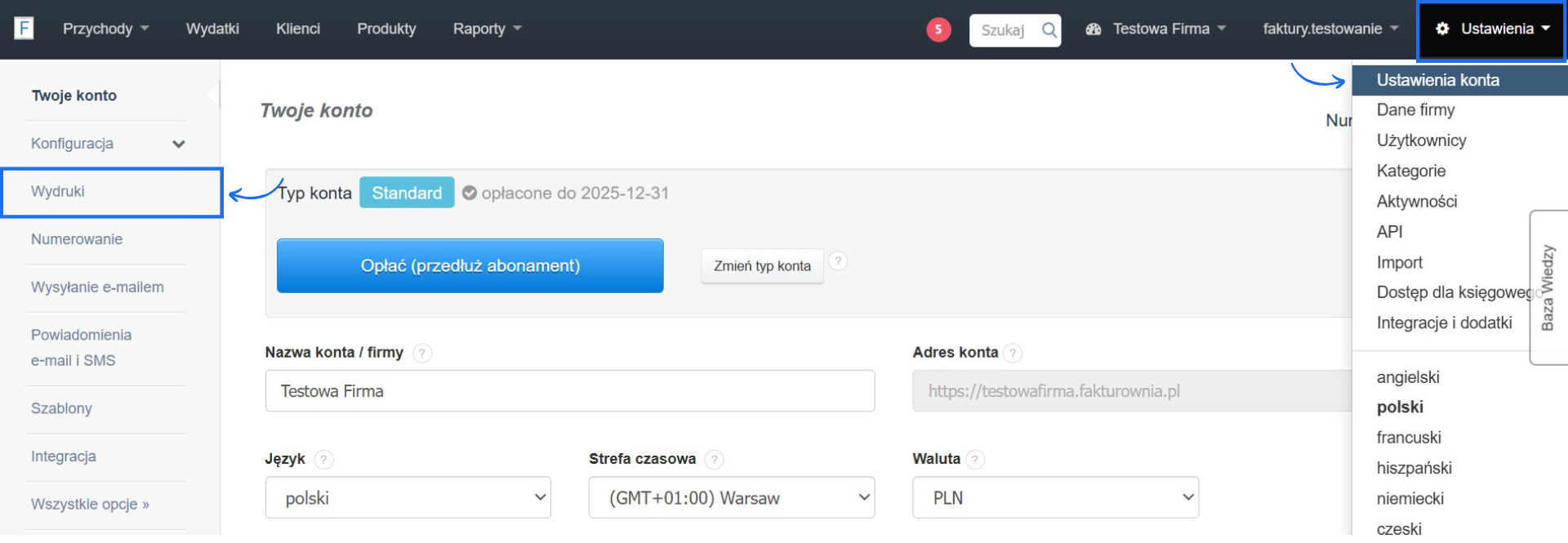 Ustawienia konta w systemie do fakturowania z możliwością modyfikacji wyglądu wydruków za pomocą kodu CSS. 