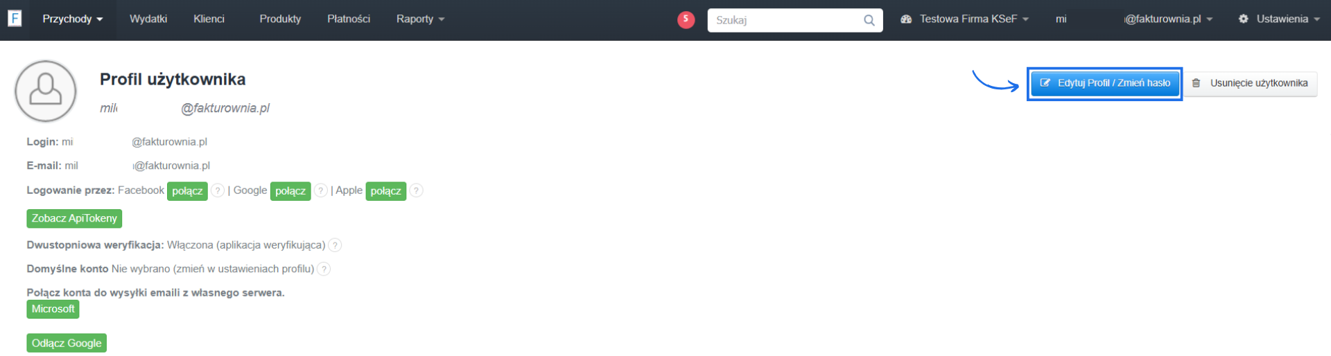 Profil użytkownika ze szczegółowymi ustawieniami oraz opcją edycji profilu danych.