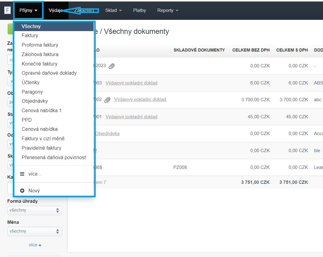 Filtrovani seznamu faktur - prijmy