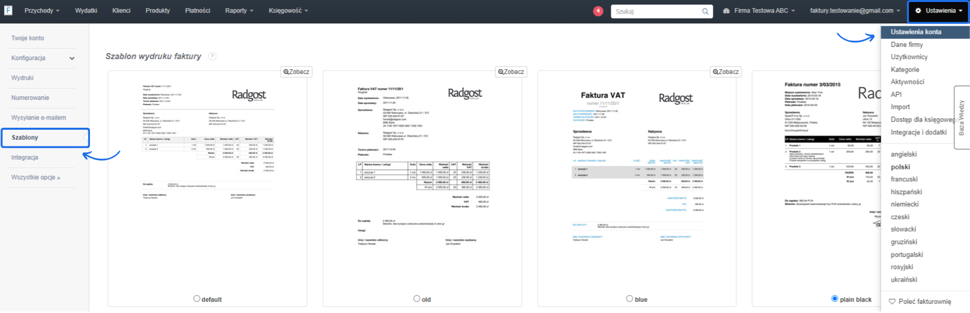 Ekran wyboru szablonu wydruku faktury w programie Fakturownia, z kilkoma przykładami szablonów oraz zaznaczoną opcją Ustawienia konta w menu.