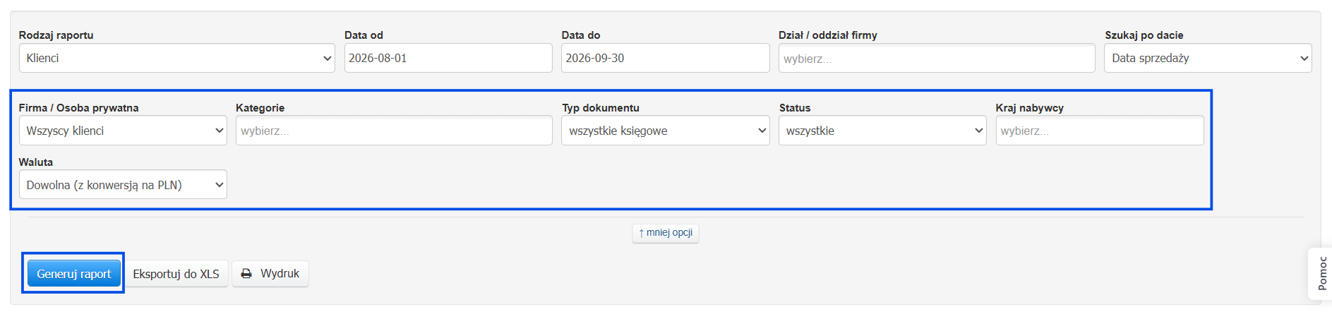 Dodatkowe filtry wyszukania faktur w raporcie klienci z możliwością wyboru kategorii, typu dokumentu lub status.