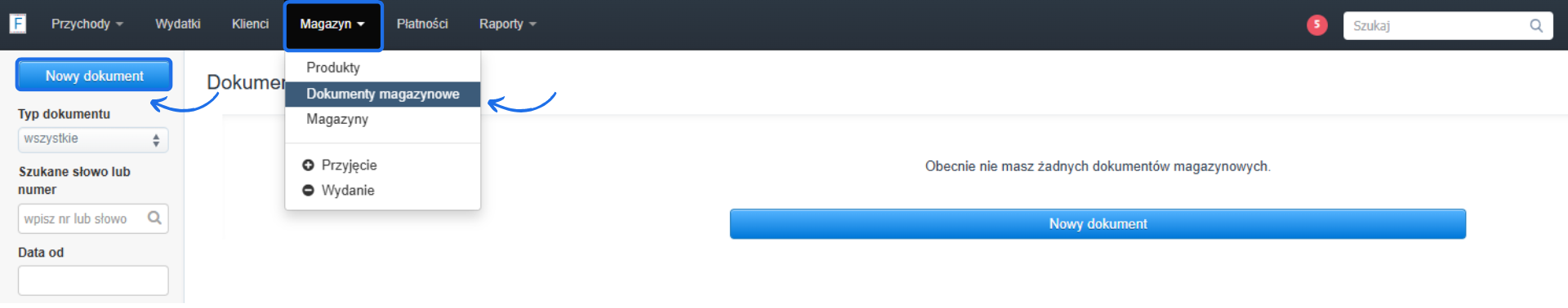 Widok sekcji 'Dokumenty magazynowe' w systemie, z podświetlonym menu 'Magazyn' i przyciskiem 'Nowy dokument' do dodania nowego wpisu.