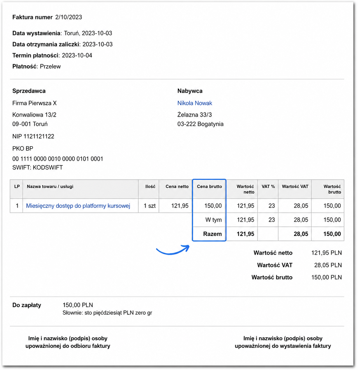 Podgląd faktury z wyróżnioną kolumną „Cena brutto” w tabeli pozycji. Dokument pokazuje produkt z ceną netto, stawką VAT i ceną brutto, prezentując efekt włączenia wyświetlania jednostkowej ceny brutto na wydruku faktury.