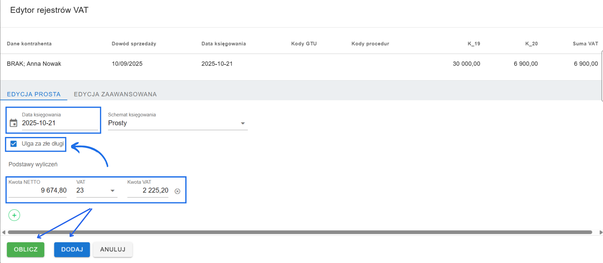 Formularz edycji rejestrów VAT w systemie Fakturownia z polem daty księgowania, aktywnym checkboxem ulga za złe długi i wartościami podstawy wyliczeń.