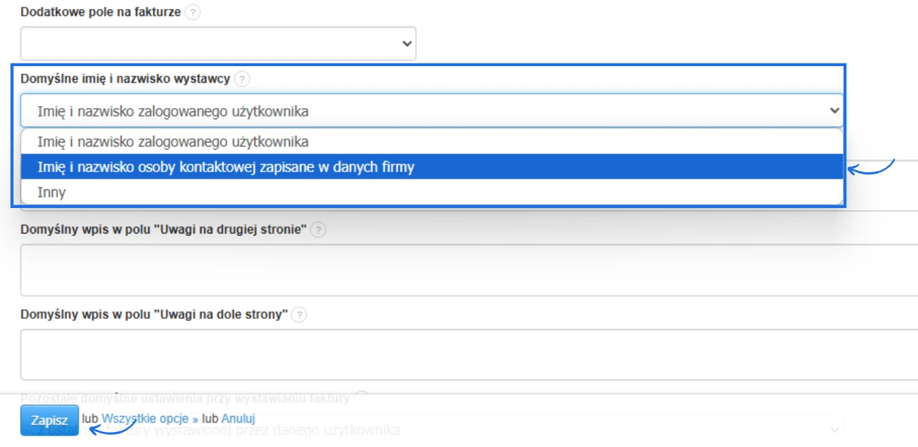 Wybór domyślnego imienia i nazwiska wystawcy faktury w Fakturowni – rozwijane menu z opcją „Imię i nazwisko osoby kontaktowej zapisane w danych firmy”.
