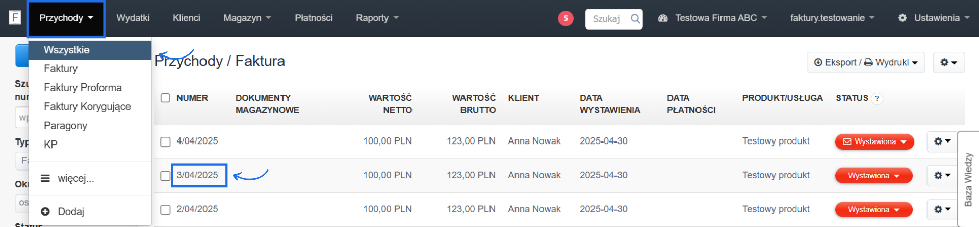 Lista faktur w module „Przychody” — widoczne faktury sprzedażowe wystawione w kwietniu i maju bieżącego roku w programie do fakturowania.