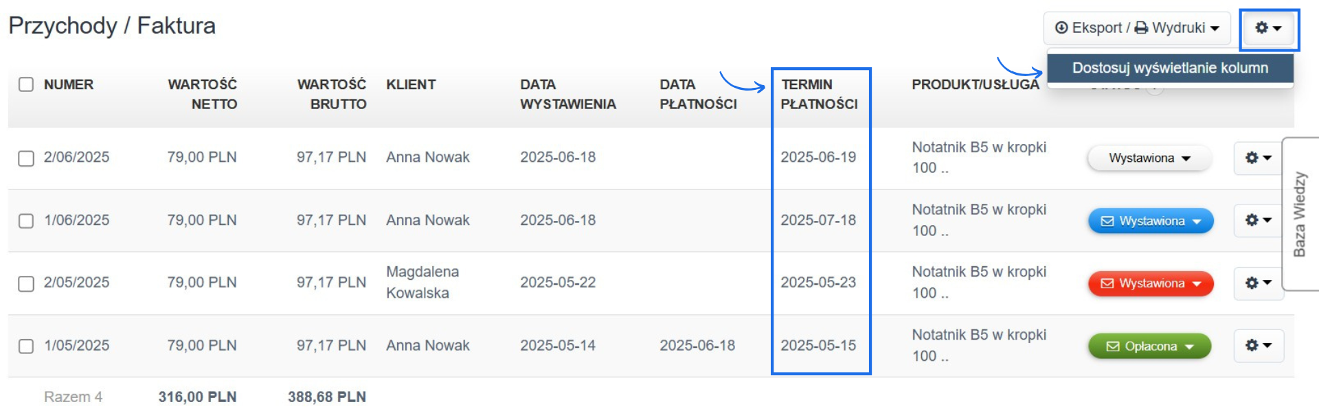 Lista faktur z wyświetlonymi terminami płatności oraz możliwością dostosowania wyświetlanych kolumn.