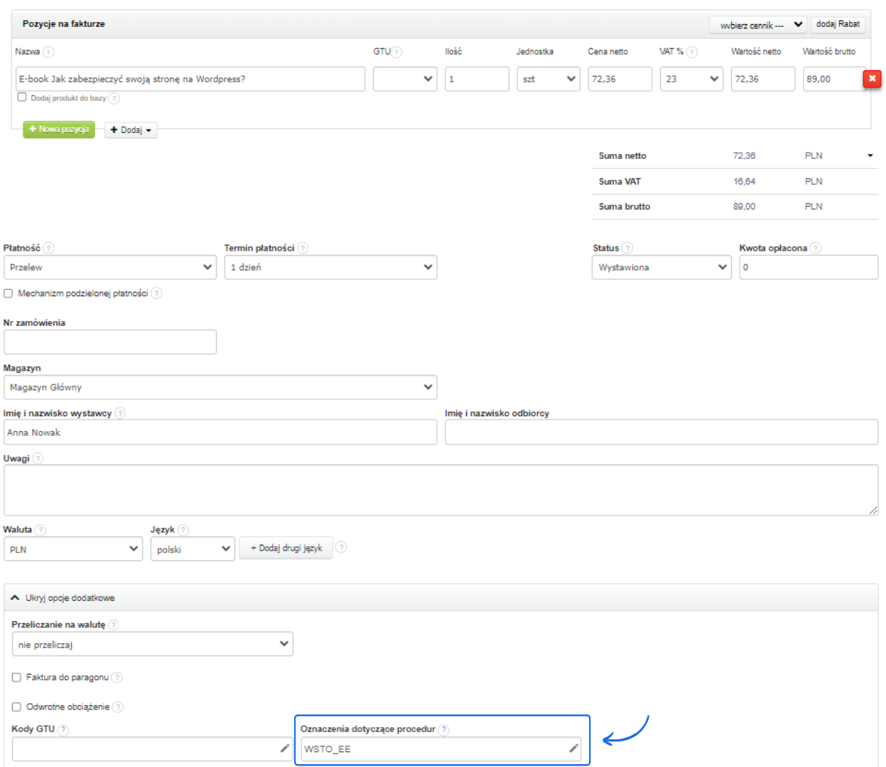 Formularz faktury z usługą elektroniczną, oznaczoną kodem WSTO_EE oraz nazwą produktu „E-book Jak zabezpieczyć swoją stronę na Wordpress?”