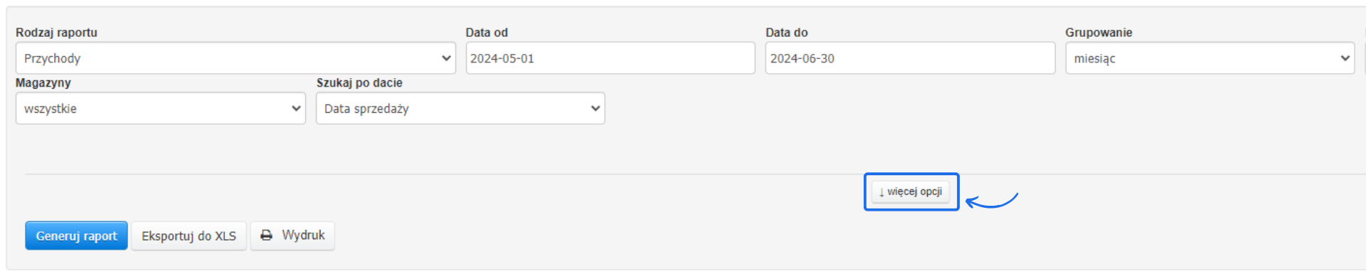 Panel generowania raportu przychodów z ustawieniami zakresu dat, grupowaniem według miesięcy, przyciskiem 'więcej opcji' oraz opcjami eksportu do XLS i wydruku.