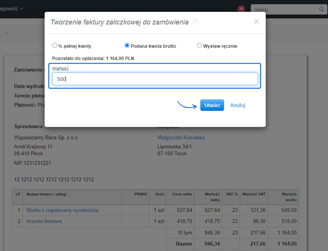 Tworzenie faktury zaliczkowej do zamówienia w systemie fakturowania, z wyborem wartości zaliczki i nazwą pozycji, na tle szczegółów zamówienia.