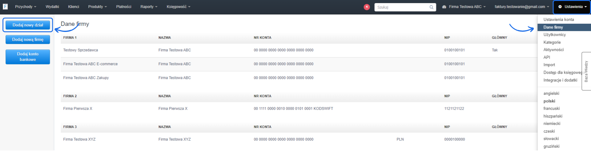 Ekran ustawień danych firmy w systemie fakturowania z zaznaczoną opcją dodawania nowego działu, firmy lub konta bankowego.