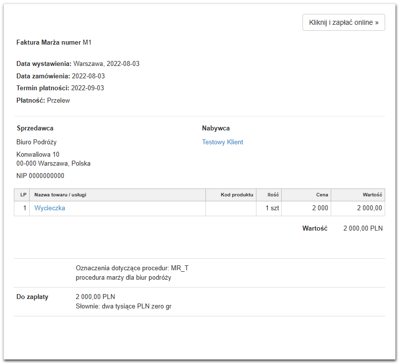 Faktura VAT marża wystawiona w procedurze marży dla biura podróży.