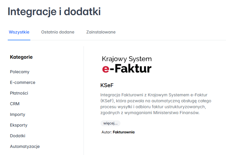 Kafelek integracji KSeF z logo Krajowego Systemu e-Faktur na liście dodatków w Fakturowni.
