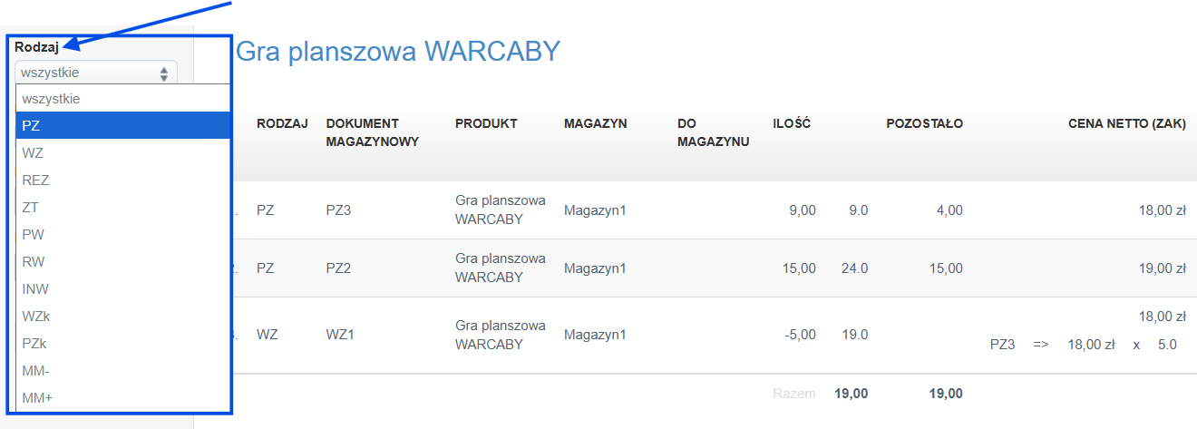 Lista dokumentów magazynowych powiązanych z produktem z opcją filtrowania po rodzaju dokumentu.