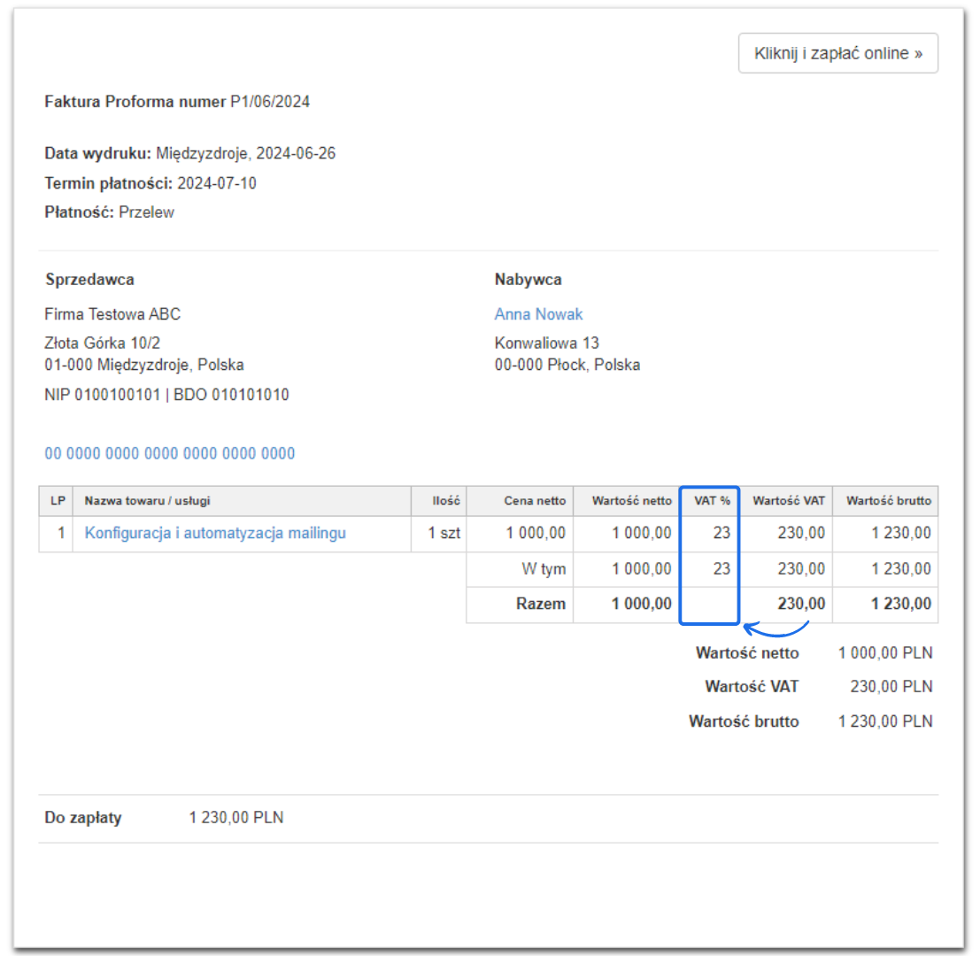 Faktura proforma z wypełnionymi danymi nabywcy oraz sprzedawcy, szczegółami zamówienia, ceną netto, VAT, ceną brutto i terminem płatności.