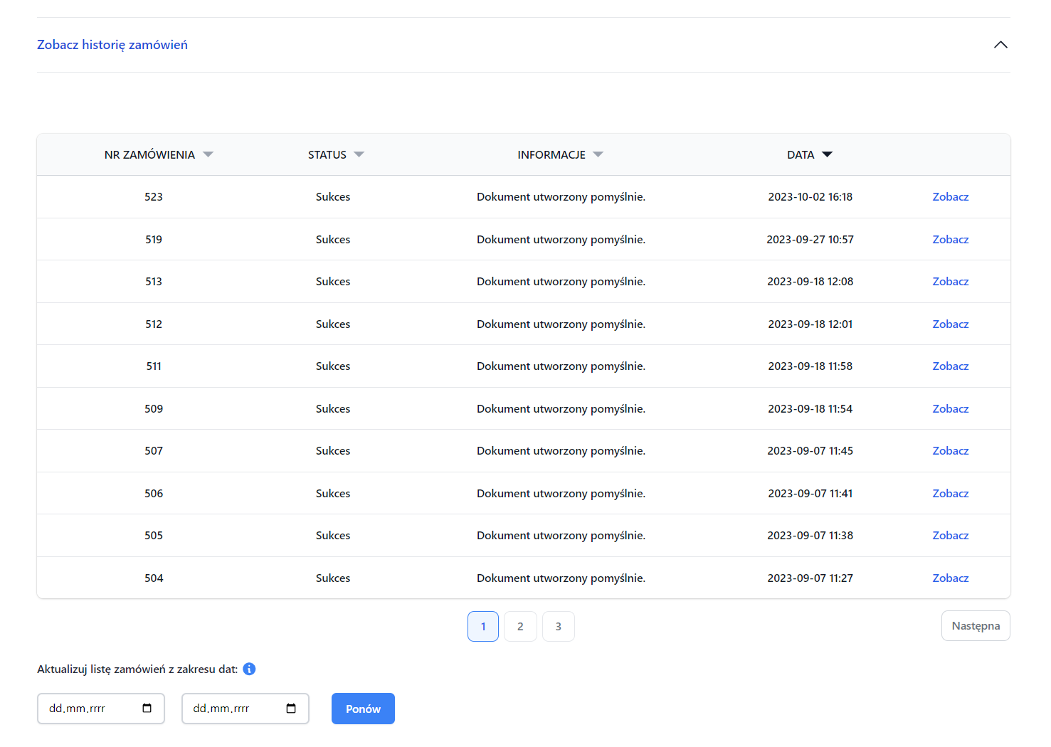 Historia zamówień WooCommerce z listą numerów zamówień, statusów, informacji o dokumentach oraz opcją ponowienia zamówienia.